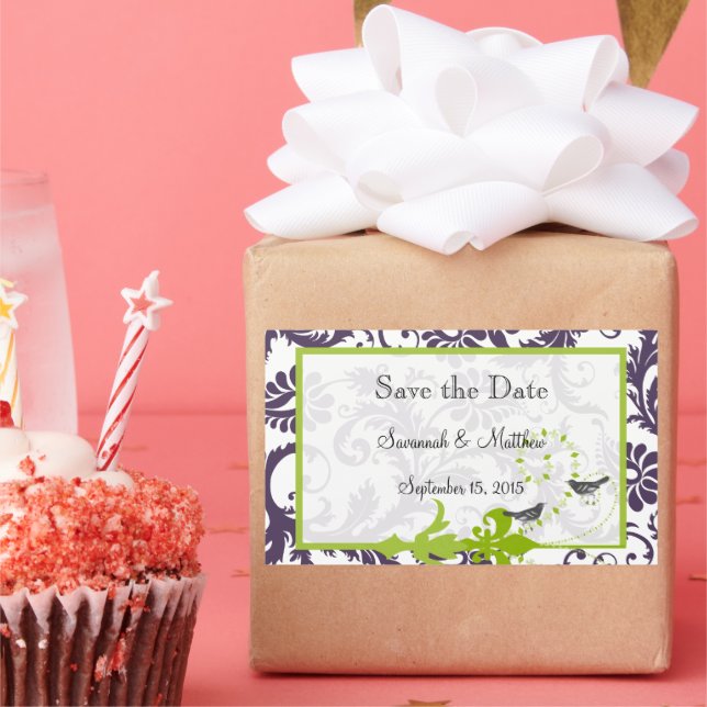 Lapis Purple Apple Green Damask Bird Weddings Sticker (Party)