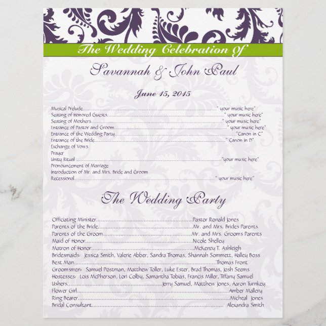 Lapis Purple & Apple Green Damask Wedding Program (Front)