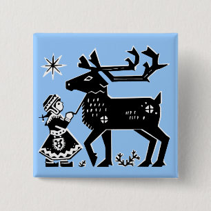 Lapland Girl Holds Reindeer Badge 2 Inch Square Button