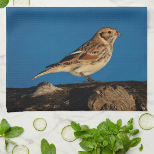 Lapland Longspur on a Sunlit Log Kitchen Towel