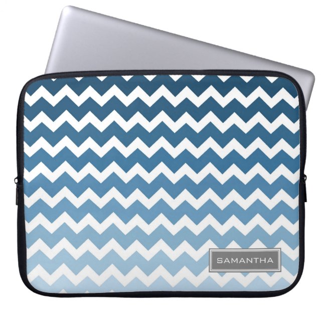 Laptop Blue Ombre Chevron Custom Name Sleeve (Front)