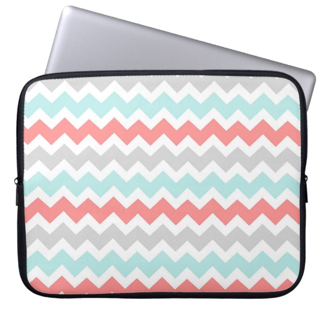 Laptop Coral Aqua Grey Chevrons Pattern Sleeve (Front)