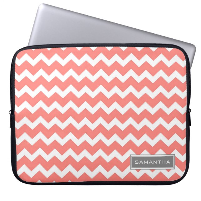 Laptop Coral Chevron Custom Name Laptop Sleeve (Front)