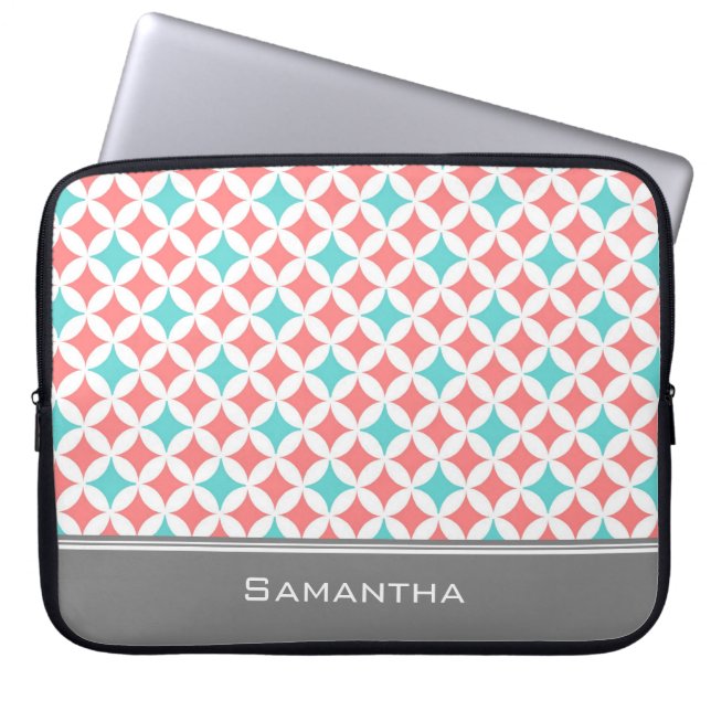 Laptop Coral Teal Grey Custom Name Laptop Sleeve (Front)