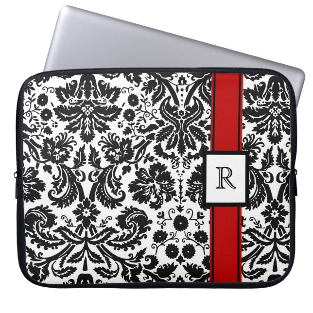 Laptop Custom Monogram Red Black Floral Damask Sleeve (Front)