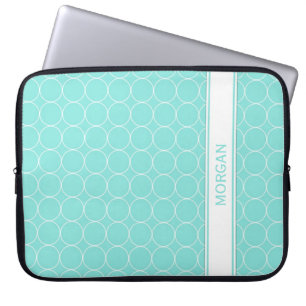 Laptop Custom Name Aqua White Circles Pattern Laptop Sleeve