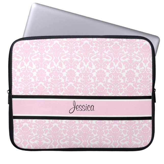 Laptop Pink Damask Custom Name Laptop Sleeve (Front)