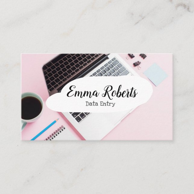 Laptop Pink Woman Work Data Entry Business Card (Front)