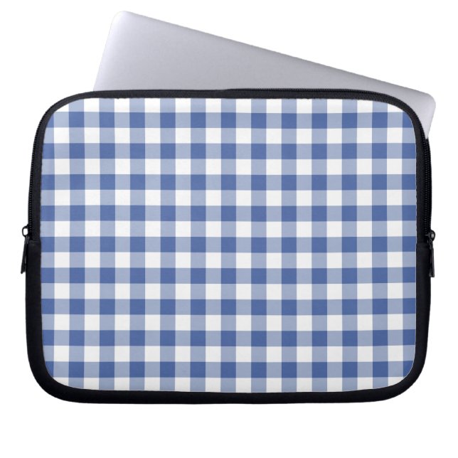 Laptop Sleeve, Dark Blue and White Check Gingham Laptop Sleeve (Front)
