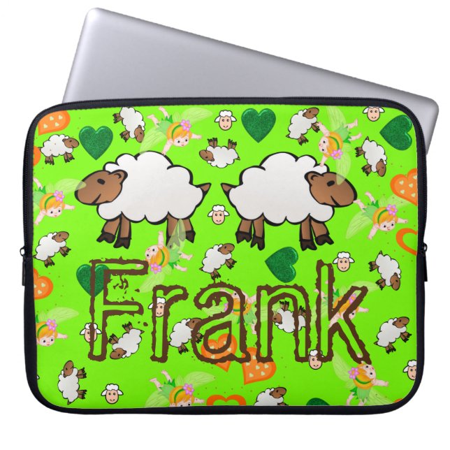 Laptop Sleeve Sheep Floral Green and Orange Hearts (Front)