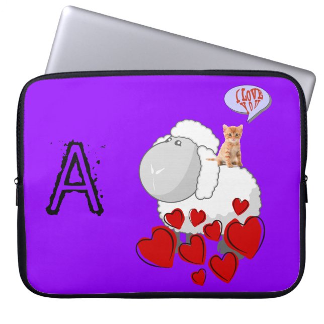 Laptop Sleeve Sheep Red Hearts Kitten (Front)