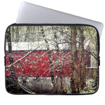 Laptop sleeve with snowy red covered bridge