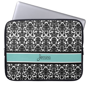 Laptop Teal Damask Custom Name Sleeve