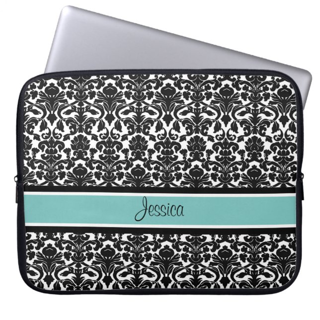 Laptop Teal Damask Custom Name Sleeve (Front)