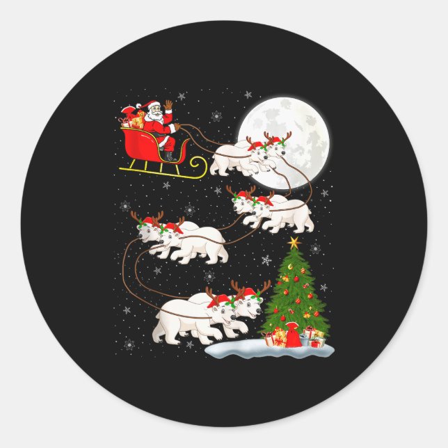 Lar Bear Santa Sleigh Flying Funny Magical Christm Classic Round Sticker (Front)