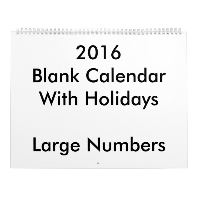 Large 2016 Blank Calendar Holidays Large Numbers (Cover)