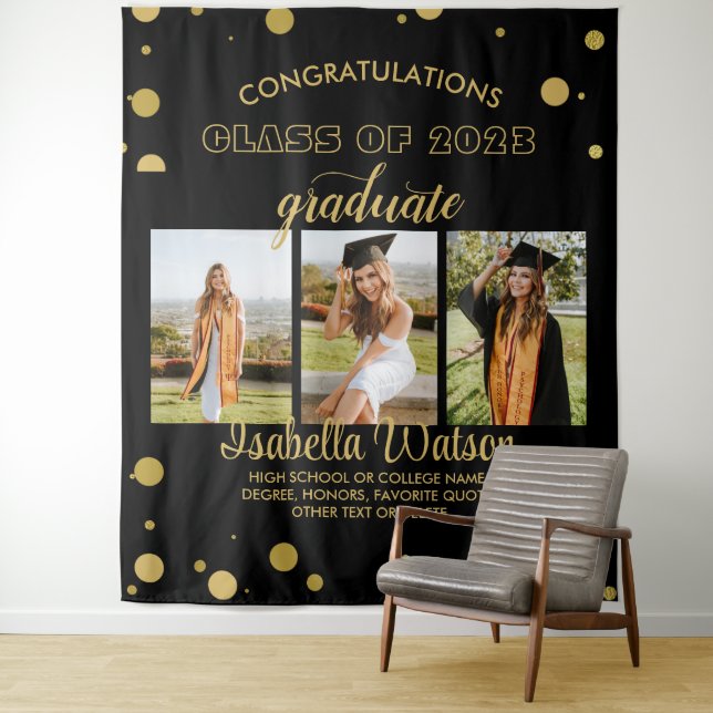 Large 3 Photos Graduation Party BlackGold Backdrop Tapestry (In Situ)