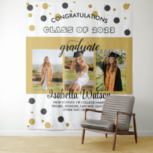 Large 3 Photos Graduation Party BlackGold Backdrop Tapestry
