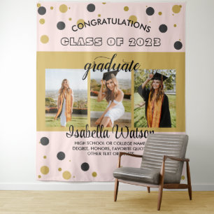 Large 3 Photos Graduation Party BlackGold Backdrop Tapestry