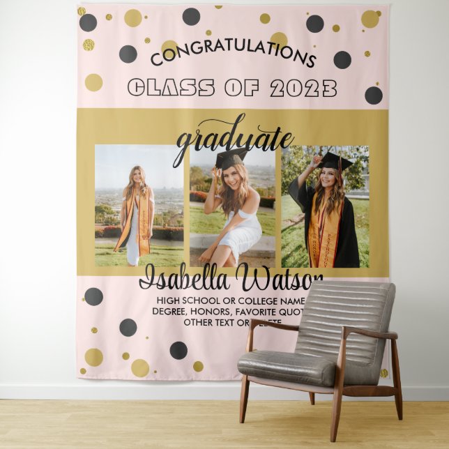 Large 3 Photos Graduation Party BlackGold Backdrop Tapestry (In Situ)