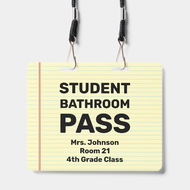 Large 4x5 Student Bathroom Pass Classroom Lanyard Badge (Front with Lanyard)