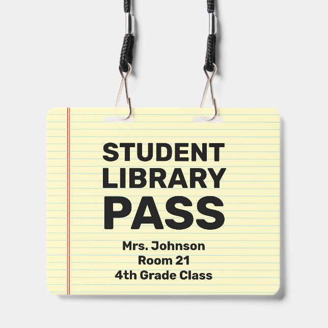 Large 4x5 Student Library Pass Classroom Lanyard Badge (Front with Lanyard)