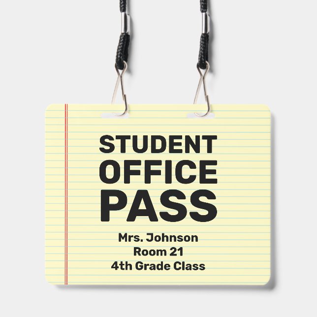 Large 4x5 Student Office Pass Classroom Lanyard Badge (Front with Lanyard)