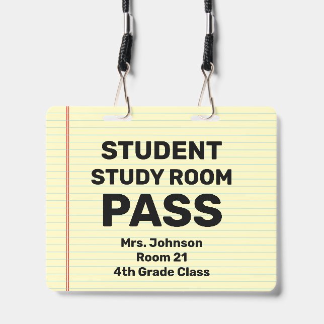 Large 4x5 Student Study Room Pass Lanyard Badge (Front with Lanyard)