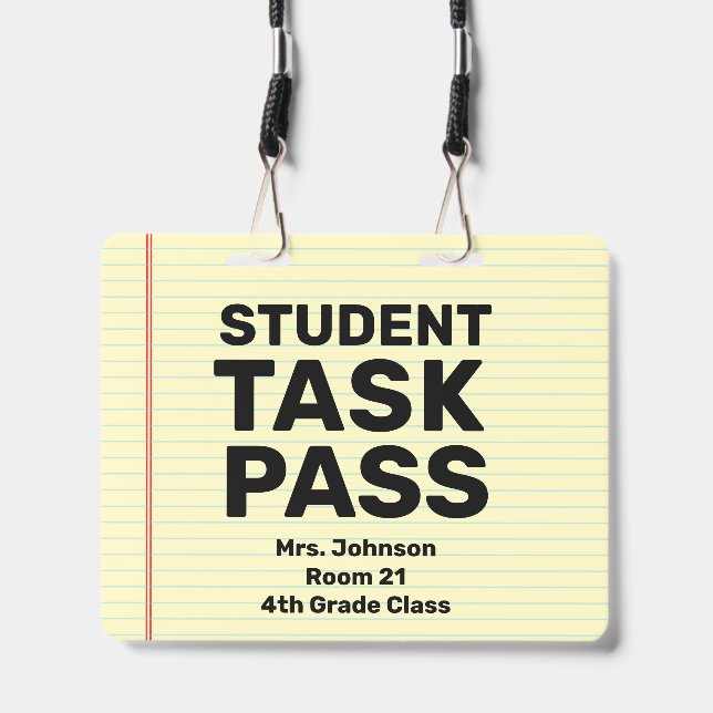 Large 4x5 Student Task Pass Classroom Lanyard Badge (Front with Lanyard)