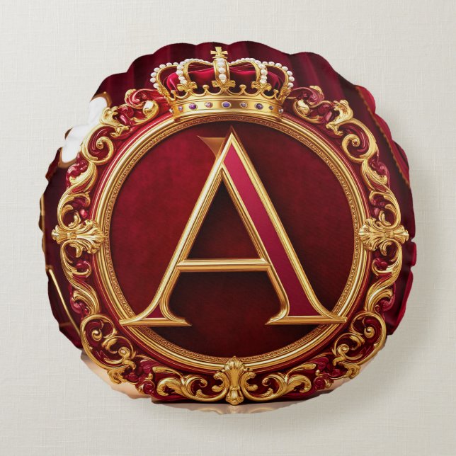 Large A Monogram on Red Velvet Round Pillow (Front)