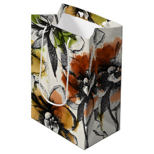 Large Abstract Alcohol Wash Pen and Ink Flowers Medium Gift Bag