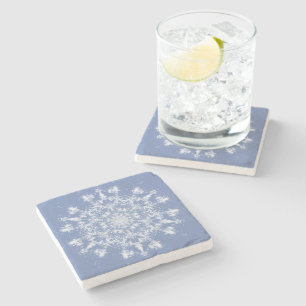 Large Abstract Lacy Snowflake on Blue Background Stone Coaster
