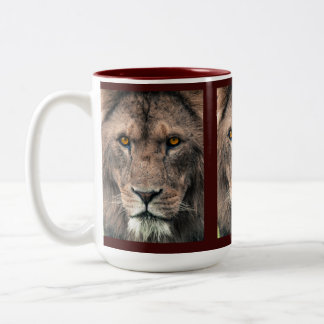 Large African Lion head eye contact close up male Two-Tone Coffee Mug