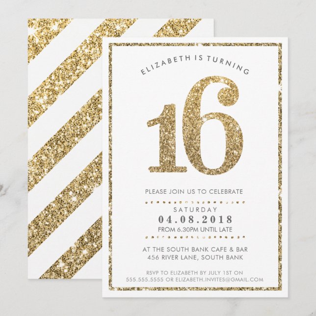 LARGE AGE NUMBER INVITE modern 16 gold glitter (Front/Back)