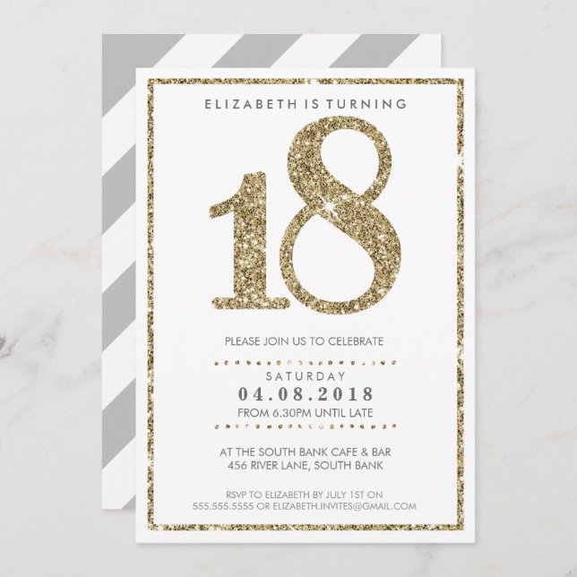 LARGE AGE NUMBER INVITE modern 18 gold glitter (Front/Back)