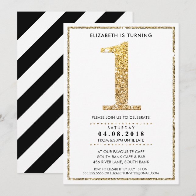 LARGE AGE NUMBER INVITE modern 1 gold glitter (Front/Back)
