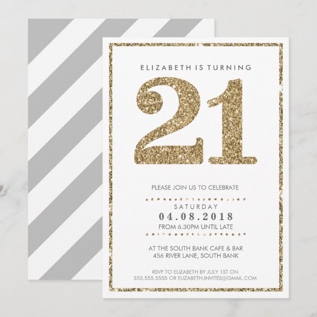 LARGE AGE NUMBER INVITE modern 21 gold glitter (Front/Back)
