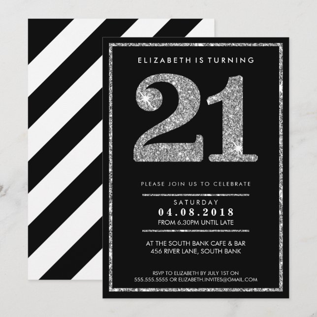 LARGE AGE NUMBER INVITE modern 21 silver glitter (Front/Back)