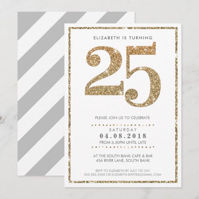 LARGE AGE NUMBER INVITE modern 25 gold glitter (Front/Back)