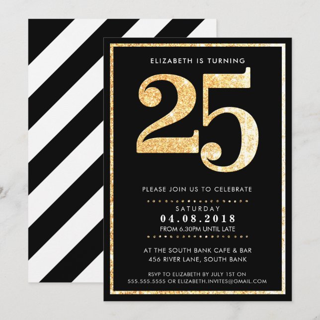 LARGE AGE NUMBER INVITE modern 25 gold glitter (Front/Back)