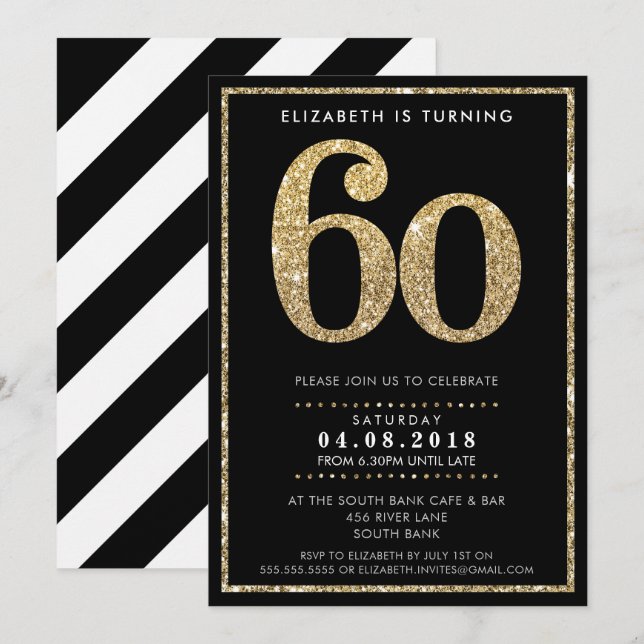 LARGE AGE NUMBER INVITE modern 60 gold glitter (Front/Back)