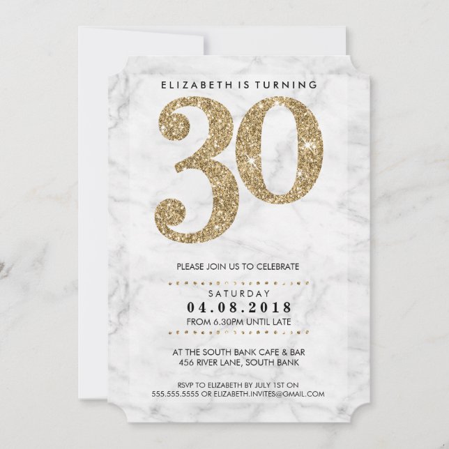 LARGE AGE NUMBER marble modern 30 gold glitter Invitation (Front)