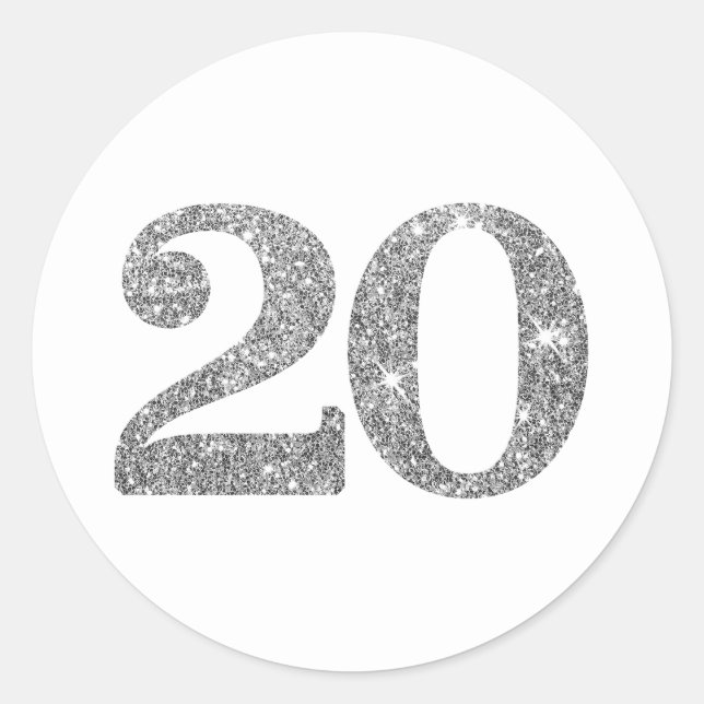 LARGE AGE NUMBER modern 20 silver glitter Classic Round Sticker (Front)