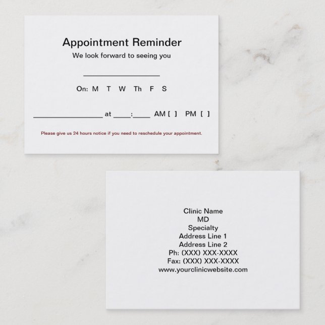 Large Appointment Reminder Cards (100 pack-White) (Front/Back)