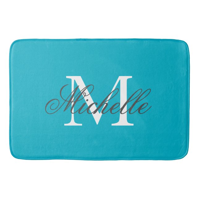 Large aqua turquoise blue name monogram bath mat (Front)