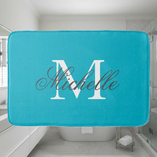 Large aqua turquoise blue name monogram bath mat