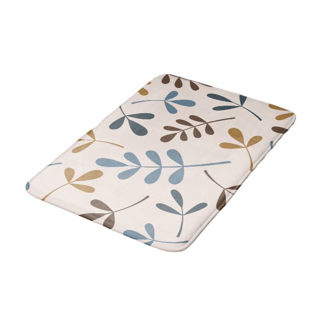 Large Assorted Leaves Blues Brown Gold Cream Bath Mat (Angled)