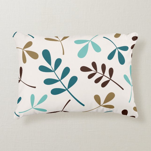 Large Assorted Leaves Teals Gold Brown on Cream Accent Pillow (Front)