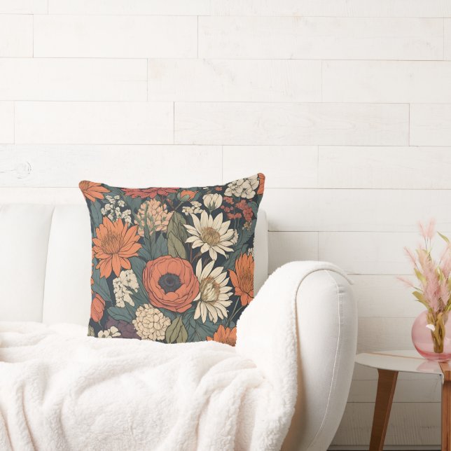 Large Autumn Flowers Contemporary Throw Pillow (Couch)
