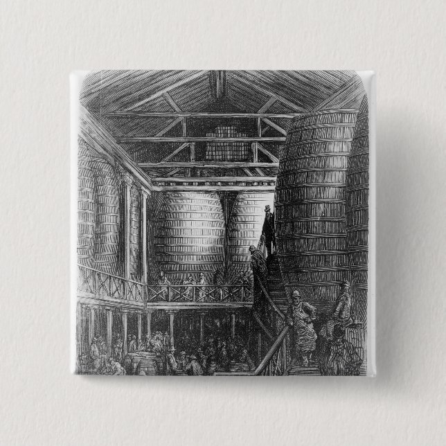 Large barrels in a brewery 2 inch square button (Front)